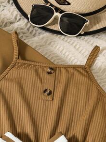 2pcs/Set Girls' Spring/Autumn New Jumpsuit Set, Girls' Brown Lapel Long Sleeve Shirt + Sleeveless Striped Jumpsuit Pants, Teenage Simple Comfortable Skin-Friendly Casual Outfit, Girls' Fashion Resort Entertainment Leisure Childrenswear - 棕色 - 查看 5