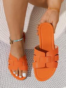 宽版女式时尚蛇纹露趾橙色凉鞋，夏季度假风格 PU 平底凉鞋 - 亮橙色 - 查看 6