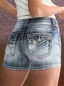 Women's High Waist American Flag Denim Shorts With Flap Pocket, Distressed Denim Shorts With Stretch Slim Casual Shorts