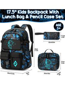 Glow In The Dark Backpack For School Boys, 3 PCS Cool Luminous Kids Backpacks With Lunch Box & Pencil Pouch, Toddler Backpack Bookbag Schoolbag Set For Elementary To High School Students, Back To School Gift For Son, Grandson, Nephew, Brother, Friend - Music - 查看 2