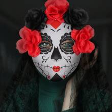 哥特式新娘亡灵节面具 - 万圣节派对和舞蹈服装道具，带红玫瑰和黑色面纱的塑料恐怖面具，精致的白色和黑色设计，适合主题活动和拍照，万圣节服装，哥特式新娘主题，万圣节服装配饰 - 彩色 - 查看 3
