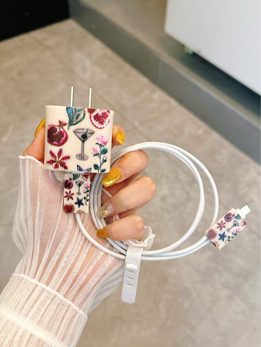 Pomegranate & Flower Splice Pattern Charger Case With Cable Winder, Durable TPU Data Cable Protective Cover Compatible With Apple 16/15, 14 Pro Max, 13, 12, 11 Nan Cable Protector Charger Accessories Phone Accessories - Multicolor - View 1