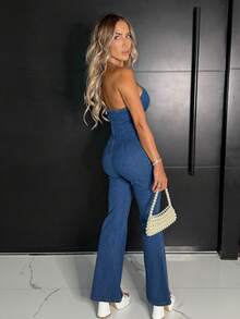 Manon Tanti 女式露背系带牛仔连体裤，休闲 - 藍色 - 查看 3