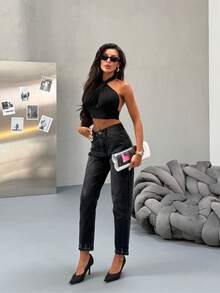 High Waist Knee Laser Ripped Boyfriend Mom Jeans, Solid Color Destroyed Asymmetrical Pockets - Black - View 4