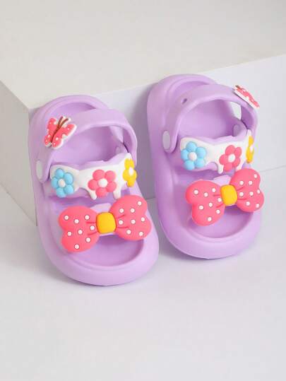 Pantuflas para niños, ventilación de verano, decoración de lazo, baño interior, ducha, suela suave, antideslizante, estilo de niña de dibujos animados, talla mediana/grande, adecuado para bebés, se puede usar afuera, sandalias de playa, actividad al aire libre, viaje, vacaciones, moda callejera, estilo lindo, pantuflas para niñas