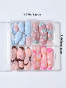 96片花朵美甲贴纸，4种混合图案，短椭圆形芙蓉花美甲贴纸，法式亚克力按压式美甲贴片，包含1瓶果冻胶和1把指甲锉。易于佩戴，适合夏季美甲、法式美甲、女士日常美甲、派对美甲用品。 - 彩色 - 查看 9