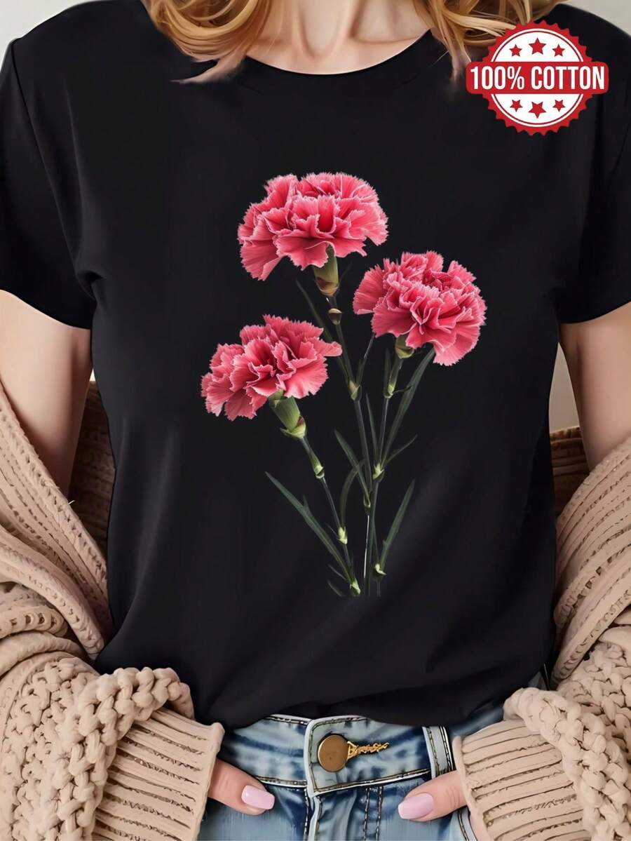Playera esampado flora 3D plantas moño lazo strass Brillo Estampado Casual Diamante imitación - negro y rosa - Ver 1