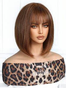 12英寸酒红色波波头假发，带刘海，采用自然逼真的合成纤维制成，适合日常佩戴、派对、舞会和角色扮演。 - 棕色 - 查看 5