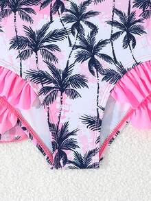 Conjunto de traje de baño de una pieza con volantes, tirantes finos y lazo decorativo, con estampado de sombra de coco y ola púrpura, para niñas jóvenes - Multicolor - Ver 4