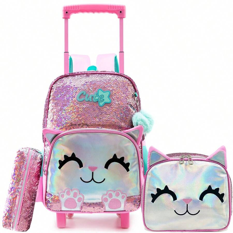 3件套女童拉杆背包套装，包括拉杆箱、斜挎包和铅笔盒，适合返校使用