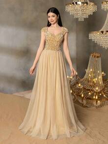 Váy dạ hội thanh lịch dành cho bé gái tuổi teen Alisa&Leo - Tay lửng có thân áo đính sequin, chân váy xếp nếp bằng vải tuyn cho tiệc tốt nghiệp, trang phục dự tiệc cưới, dạ hội và sự kiện trang trọng cao cấp - Rượu sâm banh - Xem 3