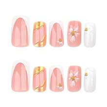 MSpring French Pr On Nails Medium Square White Fake Nails 3D Pink Flower Nail Pr Ons With Gold Pearl Design Gold Nail Tip False Nails Summer Stick On Nails Full Cover Glue On Nails For Women8001 - 金-2 - 查看 5