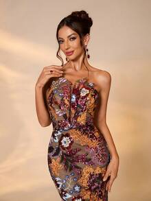 Luxury Embroidered Bead Decor Elegant Women Long Dress, Halter Backless Design - Multicolor - View 3