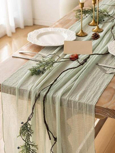 1pc Light Green Table Runner, Solid Color Table Runner, Party Dining Table Center Decor Tablecloth, Kitchen Decor Tablecloth, DIY Pleated Table Runner, Christmas Party Decor, Green Table Runner, Party Home Decor Tablecloth
