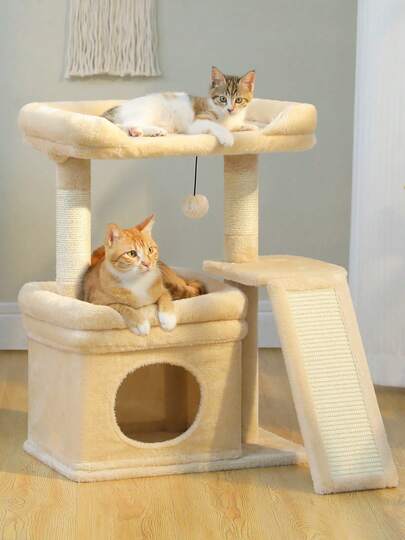 PAWZ Road 27" Cat Tree For Indoor Cats, Small Cat Tower With Natural SIsal Scratching Posts & Ladder, Cat Condo, Cozy Top Perch, Furr Hanging Balls-Beige