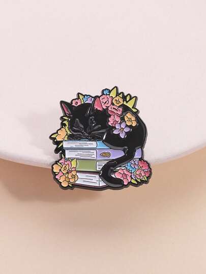 Cat Badge, Vintage Style Library Fashion Accessory, Student Backpack Charm, Bookish & Blooming Design, Perfect Gift Idea