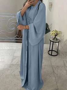 Bộ hai món thanh lịch dành cho nữ: áo choàng không tay và áo khoác dài thắt nơ. - Màu xanh bụi bặm - Xem 8