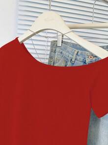 性感不对称领口短袖修身短款T恤 - 紅色 - 查看 10