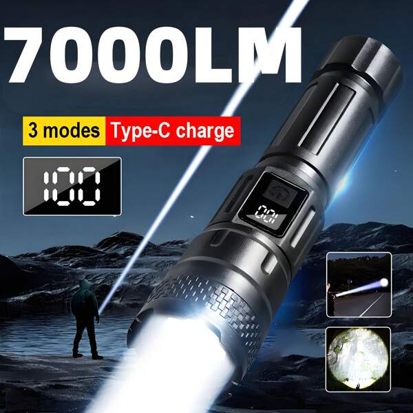 Outdoor Patrol High-Beam LED Portable Flashlight, 7000 Lumens Digital Display Rechargeable White Light Emergency Lamp, With Built-In Large Capacity Battery, Long-Lasting Runtime, Suitable For Outdoor Camping, Exploration, Night Walking, Reading