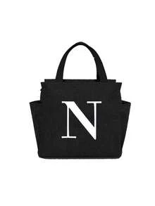 1pc Thermal Bag Double Pocket Lunch Box Bag Large Capacity Print Students Meals Insulated Cooler Bag, Portable Travel Picnic Bag,White Letter Decoration,Thermal Lunch Bag For Office School Lunch Bags Insulated Lunch Bag For Lunchbox Lunch Container For Work Office Holiday For Vacation For Men For Women For Camping School Lunch Box Multifunctional(A-Z) Bag For School School Accessories School Stuff Lunch Bag For Women - Black - View 11