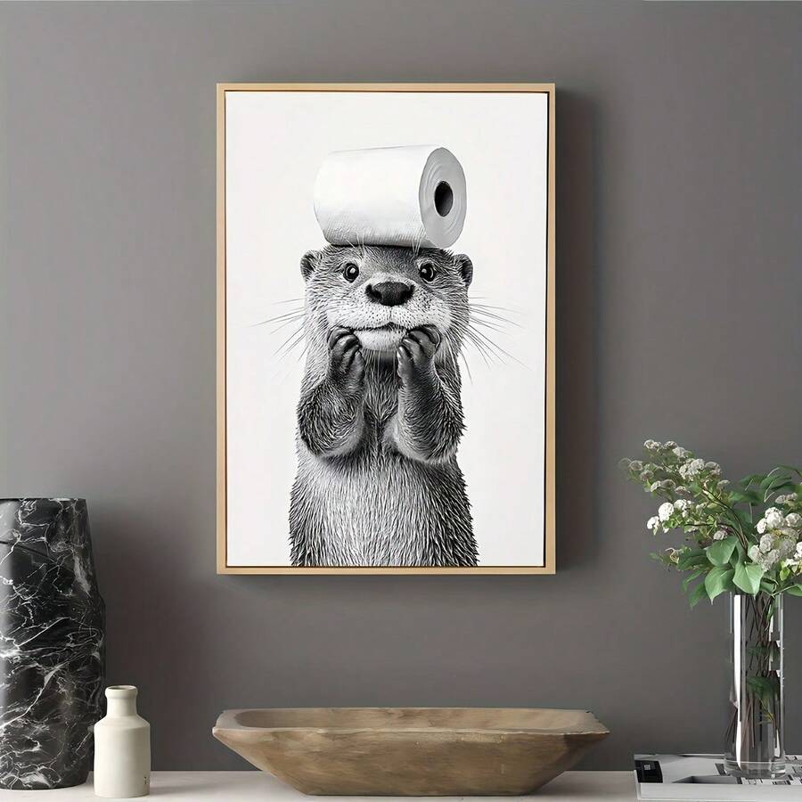 nutria, viene con funda de tejido, estilo en blanco y negro - mural de baño sin marco, decoración de baño, decoración de nutria - transparente - Ver 1