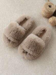 Zapatillas de casa de diseño minimalista y unicolor para niñas, de peluche, cálidas y suaves para el invierno - Caqui - Ver 8