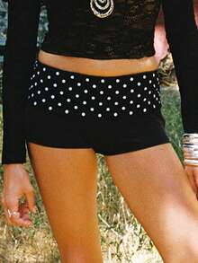 Polka Dot Fold Over Shorts For Women Y2k Cute Micro Shorts Fold Over Pajama BottomsFit Going Out Mini Short - màu đen - Xem 2