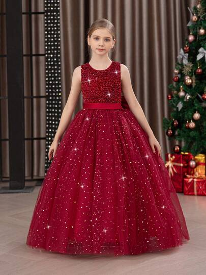 Tween Girl Sequin 3D Bow Tulle Party Dress, Burgundy Red Elegant Gown, Suitable For Girls Birthday Party, Prom, Wedding Bridesmaid, Thanksgiving, Graduation