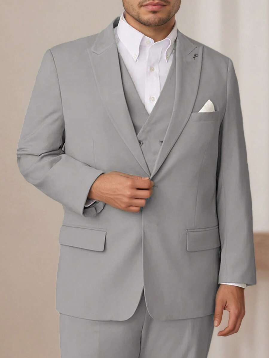 3PCS Plus Size Mens Suit Formal Business Wedding Prom Suit Male Groom Tuxedo, Solid Color, Blazer+Vest+Pant, Modern Fit Wedding Party Dinner Formal, Long Sleeves, Double Breasted, Machine Washable, Spring/Fall - Màu Xám nhạt - Xem 1
