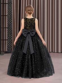 少女亮片3D蝴蝶结薄纱派对礼服，黑色优雅公主裙，适合女孩生日派对、舞会、婚礼、感恩节、毕业典礼等场合。 - 黑色 - 查看 2