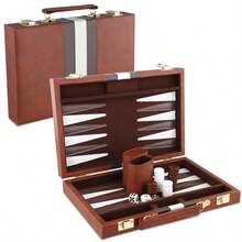 11-Inch Portable Backgammon Set – Classic 2-Player Board Game With Premium Brown Leather Case - Brown - View 2