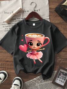 1 szt. dziewczęca, słodka i słodka koszulka z krótkim rękawem z nadrukiem baletnicy, wygodna i przewiewna, letnia, codzienna odzież