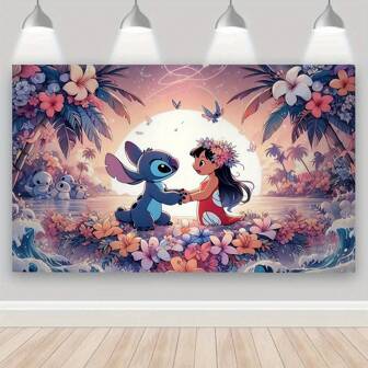 Disney 1pc Disney Stitch & Lilo Tropical Sunset Backdrop - Vibrant Cartoon Pattern With Palm Trees, Flowers, And Ocean Waves - Perfect For Birthdays, Holidays, Home Decor, Garden Parties, Summer Theme Parties And Outdoor Activities - Polyester Material, Horizontal Rectangle Shape