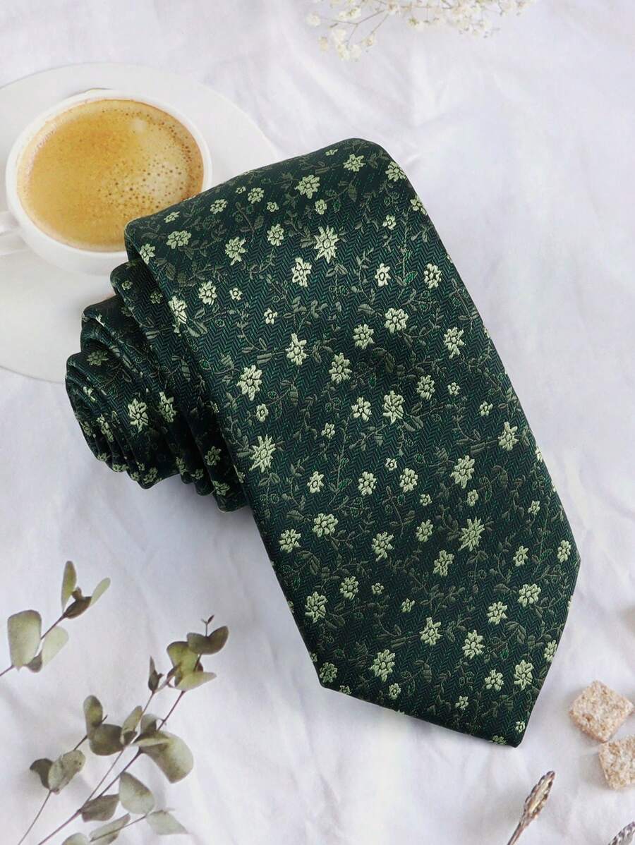 ZLQ&GOU 1pc Green Floral Jacquard Silk Tie For Men, 7.5cm Classic Patterned Wedding Holiday Accessory, Casual Wear And Holiday Gift Tie - Green - View 1