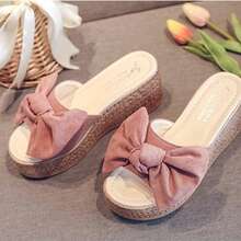 Suela gruesa, pendiente de sandalias, talón de moda femenina, nuevas zapatillas de verano, uso exterior y lazo de suela de pana de Fregona,Plataformas y sandalias de cuña para mujer - Rosa - Ver 5