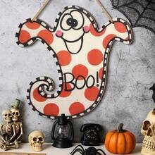 1/110pcs Available 2D Halloween Happy, Scary, Cute Polka Dot Ghost Wooden Wall Decoration Signs, Halloween Themed Wall Hanging Signs, Trick Or Treat Party Decoration, Restaurant Decoration, Room Decoration, Home Decoration - Multicolor - View 1