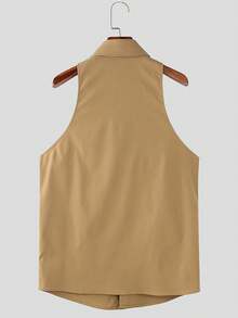 INCERUN Men Button V-Neck Sleeveless Lace Up Slim Blouse Summer Holiday Party Casual Tank Tops Plain Shirt - 卡其色 - 查看 4