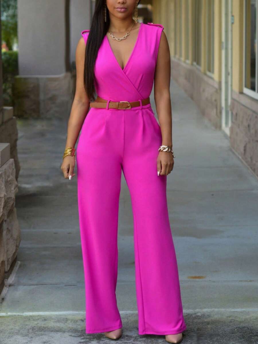 女士高腰 V 领阔腿裤连体裤不对称套装（配腰带） - 粉色 - 查看 1