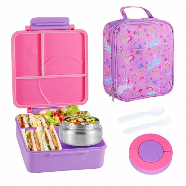 Conjunto de fiambrera Bento para niños con termo de sopa de 8 onzas, recipientes herméticos para el almuerzo con 4 compartimentos, termo para comida caliente y bolsa de almuerzo aislante para volver a la escuela