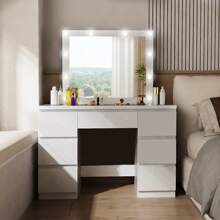 OYAJIA Schminktisch mit LED-Beleuchtung, einstellbare Helligkeit, Kosmetiktisch mit großem Spiegel, Frisiertisch mit 7 Schubladen, 110x140,5x39,5 cm, für Schlafzimmer, Weiß,