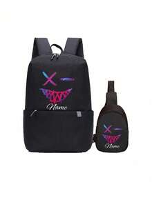 Customized Fitness Backpack, Can Be Printed With Personalized Name Or Holiday Greetings. Customize Your Own Crossbody Bag. 2 Pieces Mini Combination, Back To School Fashion Large Capacity Bag, Cute Cartoon Funny Spoof Ghost Face Smiling Face - Text - View 4