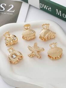 Claw Clips 1pc & 6pcs Ocean Series Metal Hair Clips, Elegant Bangs & Side Hair Clips Suitable For Women, Alloy Shell & Starfish Hair Accessories, School Stuff, College - Gold - View 11