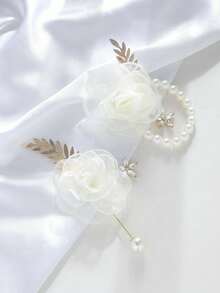 1 Stück weiße Rose Blume Metall Legierung Brosche + 1 Stück weiße Rose Blume Metall Legierung Handgelenk Corsage Set Valentinstag Accessoires - Weiss - Übersicht 2