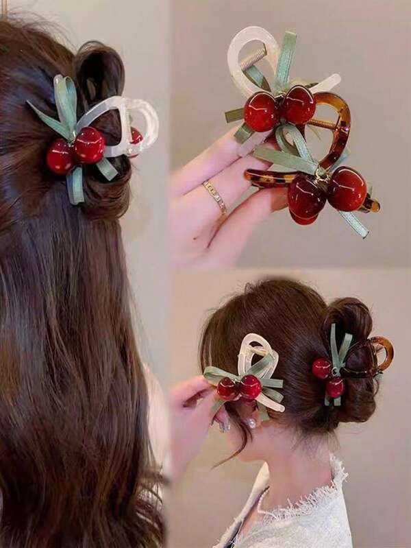 2pcs Cherry Hair Clips, New Stylish Bow & Hair Claw Hair Claws, Cute Cherry Hair Clips For Bun Styling, Gentle On Scalp, Countryside Style, Suitable For Vacation, Outing, Party, Beautiful & Practical