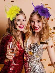 1 件花卉印花羽毛波西米亚花头带，派对/表演羽毛发饰，复古新娘发饰万圣节