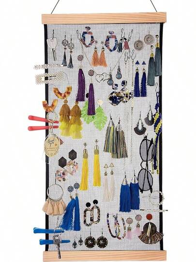 Earring Organizer Hanging Mesh Earrings Holder Wall Mounted Earring Hanging Jewelry Display Organizer With 20 Pieces S Shape Black Hooks(24 X 12 Inch)