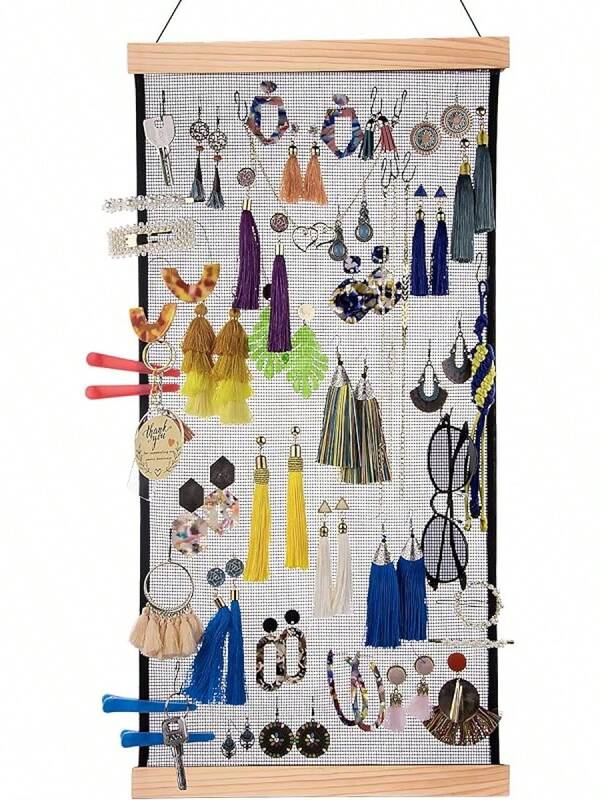 Earring Organizer Hanging Mesh Earrings Holder Wall Mounted Earring Hanging Jewelry Display Organizer With 20 Pieces S Shape Black Hooks(24 X 12 Inch)