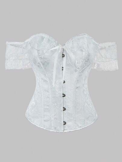 1pc Plus Size Women Vintage Palace Style Lace Bustier, Off-Shoulder Tie-Up Backless Bodycon Formal Dress, Wedding Attire