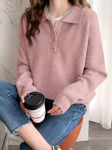 Alicedudu 女式简约百搭翻领半拉链套头毛衣，秋冬