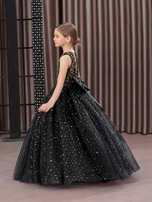 少女亮片3D蝴蝶结薄纱派对礼服，黑色优雅公主裙，适合女孩生日派对、舞会、婚礼、感恩节、毕业典礼等场合。 - 黑色 - 查看 5